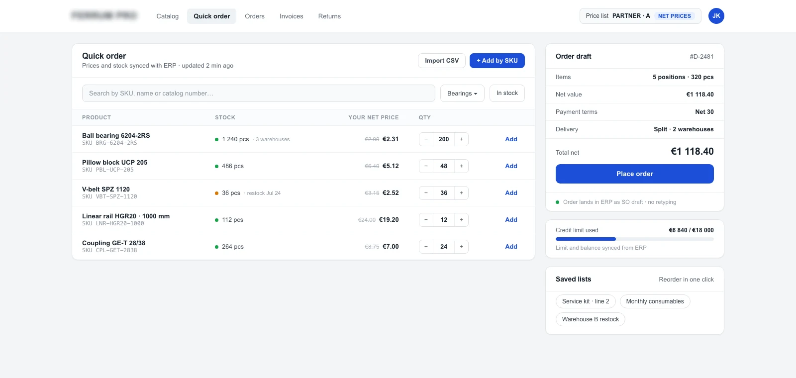 A quick-order screen in a B2B portal: each line shows the list price struck through next to this buyer’s net price, stock split across warehouses, and on the right the used credit limit and saved lists for reordering.