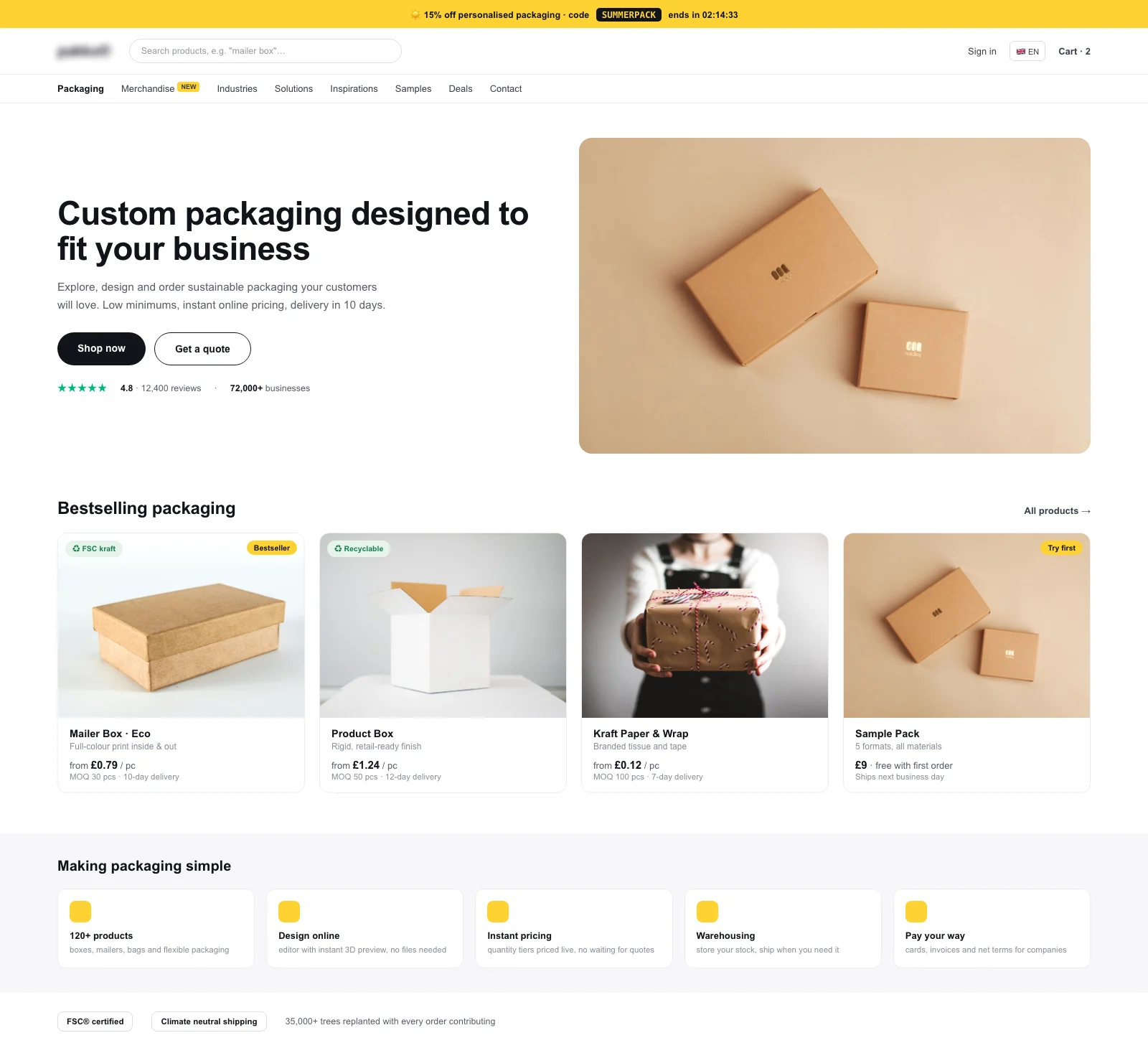 B2B packaging shop with instant quantity-tier pricing, built by Seedlight