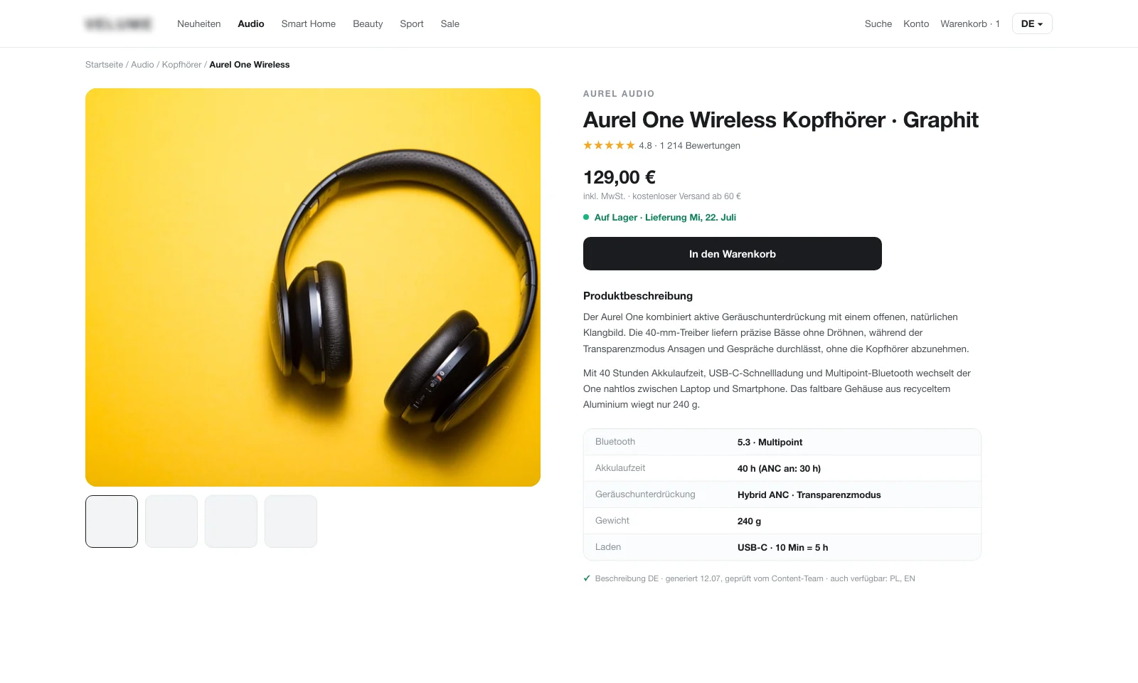 Product page with AI-generated, human-approved content in German