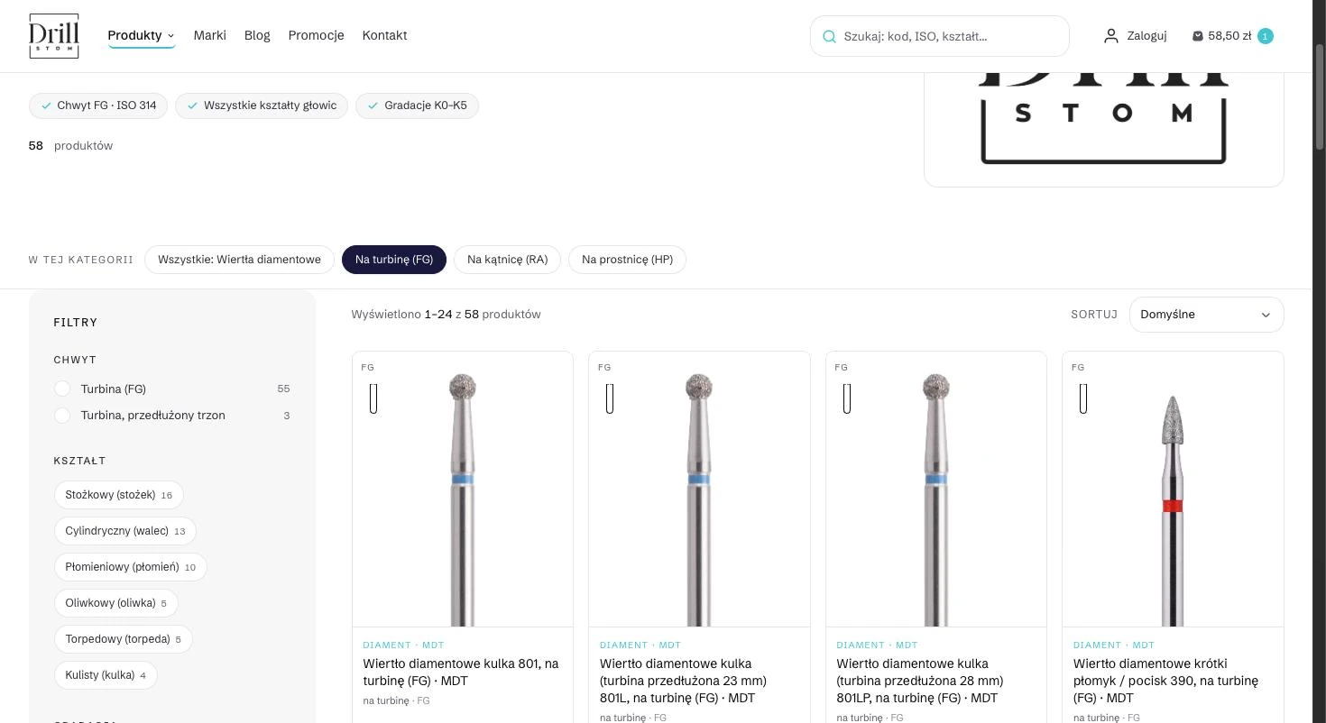 Category page for FG diamond burs in the DrillStom store: tabs by handpiece type, a filter panel by handpiece and shape with product counts, and a grid of cards with photographs of real burs marked as MDT.