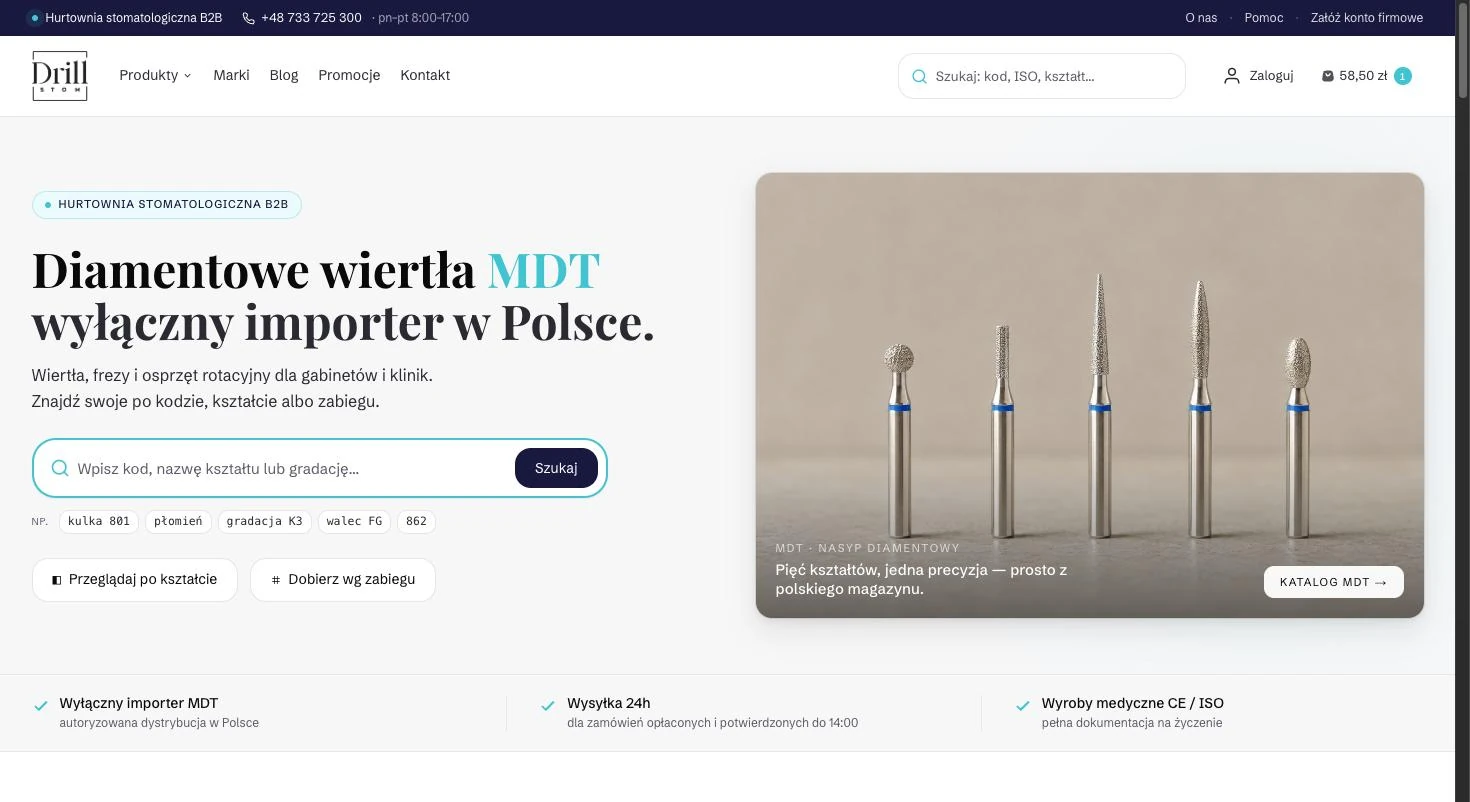 DrillStom homepage: a hero with five MDT diamond burs, search by code, shape name and grit grade, buttons for browsing by shape and choosing by procedure, and a bar noting exclusive importer status and 24-hour shipping.