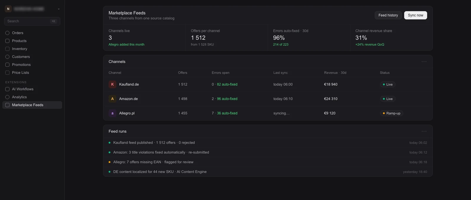 Medusa admin with Seedlight Marketplace Feeds module