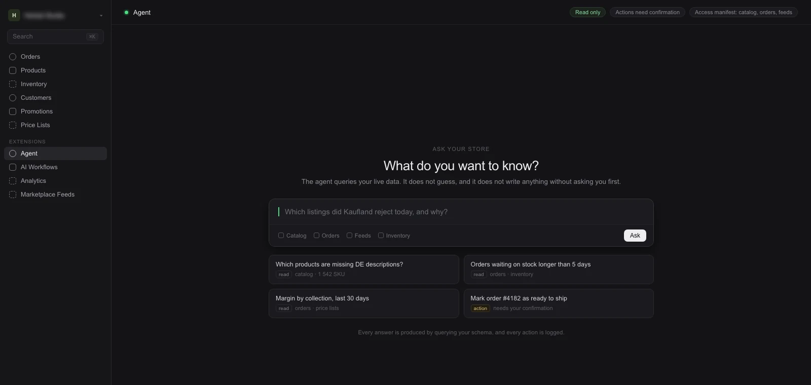 The BEAM admin with the agent: a question field in the middle, and read-only mode, confirmation-gated actions and the access scope along the top.