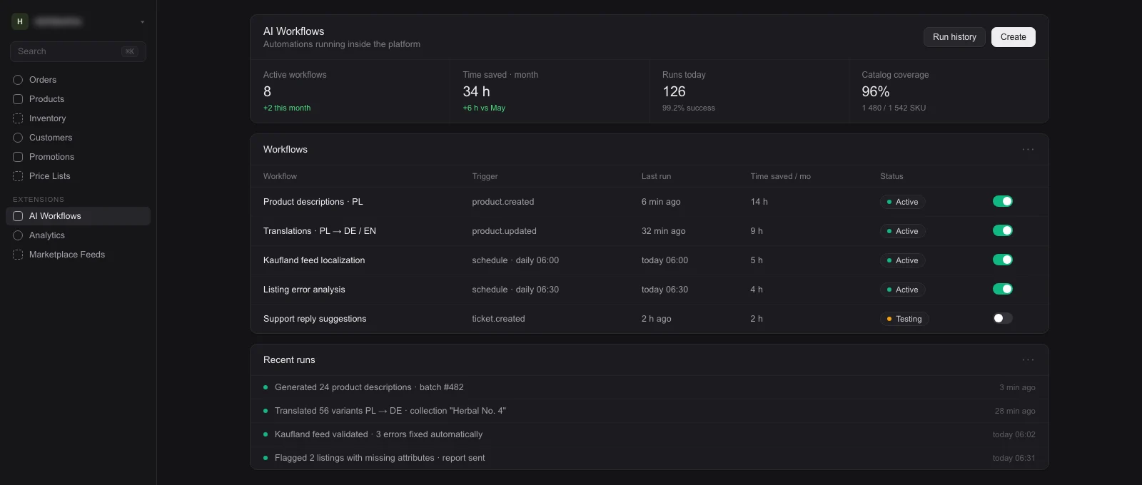 Seedlight AI Workflows module running content automation inside the admin